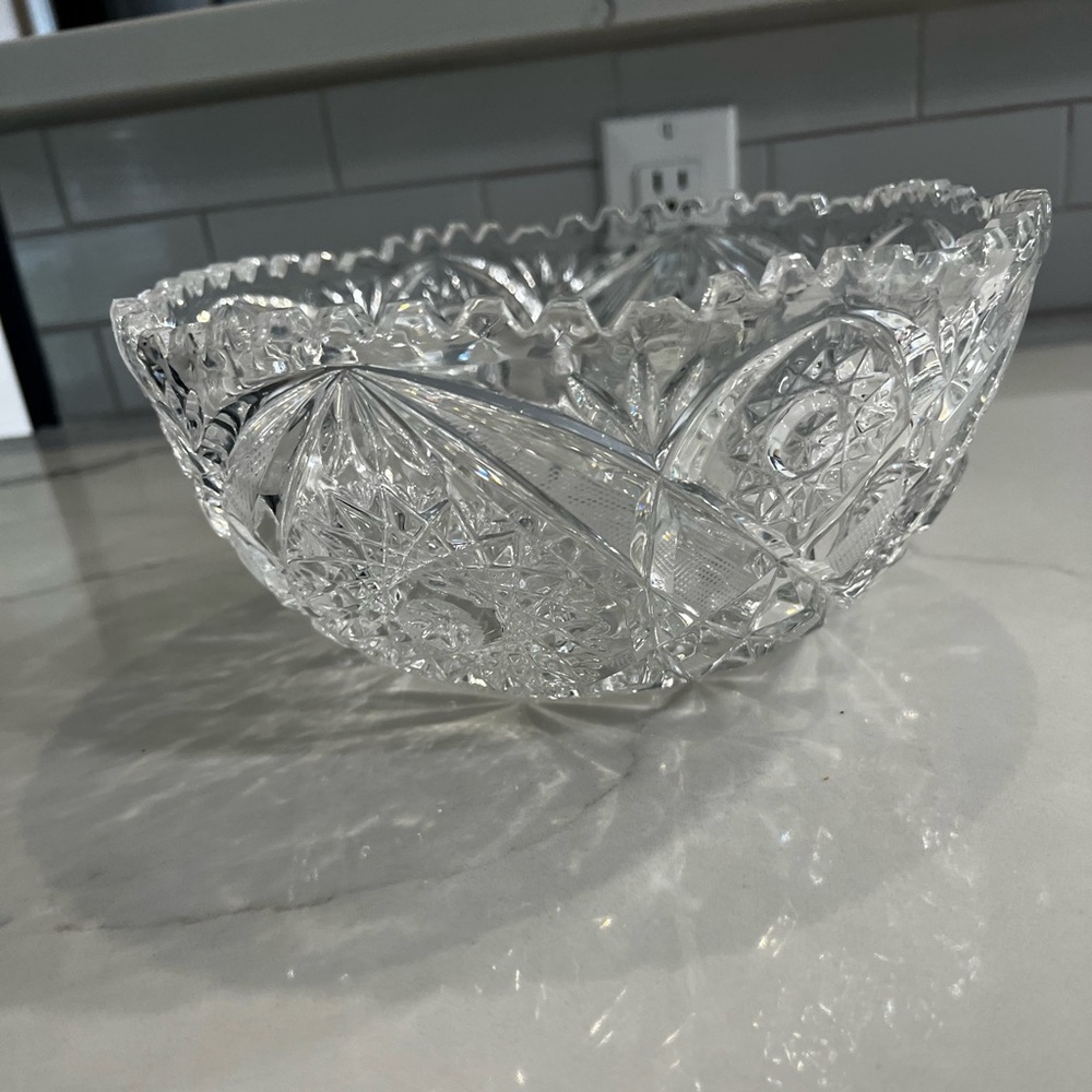 Ornate Deep Cut Crystal Bowl with Sawtooth Rim